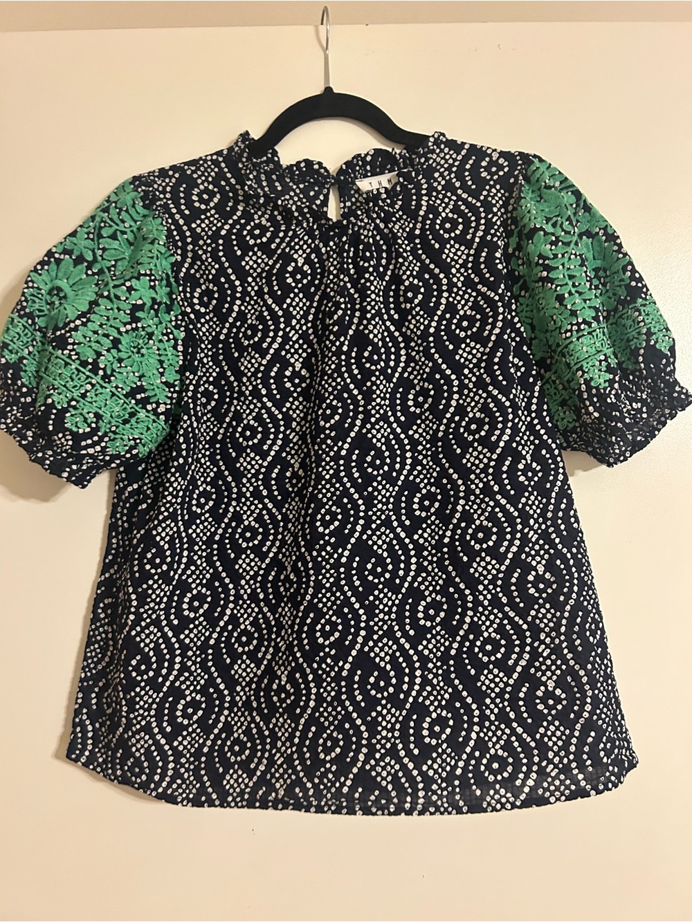 THML Navy Dot-Pattern Campbell Blouse with Green Embroidered Sleeves